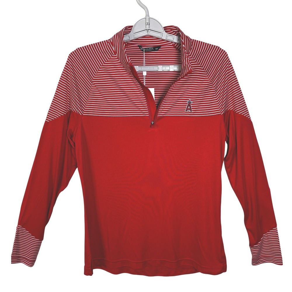 LA Angels Women Sz S Levelwear Red White Stripe 1/4 Zip Pullover Sweatshirt NWT